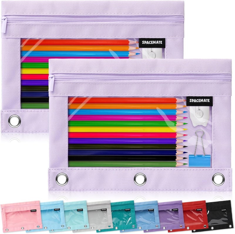 SPACEMATE 2 Pack Binder Pencil Pouch Case Box Bag for 3 Ring Binder School Supplies Girls Boys Kids, Clear Preppy Stuff Large Aesthetic Pen Organizer, Back to College Stationary, Light Purple - Image 1